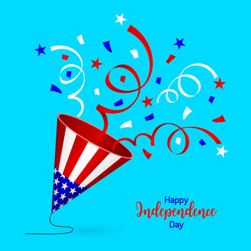 Red, blue and white paper shoot. Celebrating fourth of july independence day (United States).  illustration isolated on blue background.