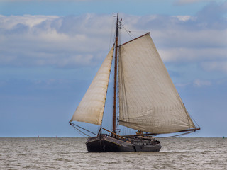 Flatbottom brown fleet sailing boat
