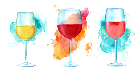 Watercolor wine glasses set with vibrant textures on white