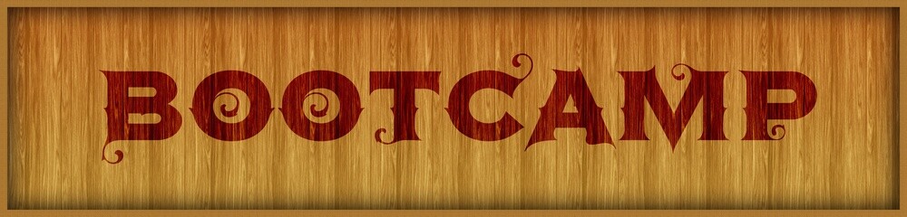 Vintage font text BOOTCAMP on square wood panel background.