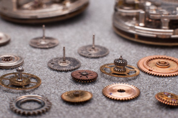 Detail of watch machinery on the table.