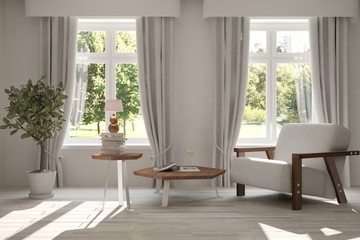 White room with armchair and green landscape in window. Scandinavian interior design. 3D illustration