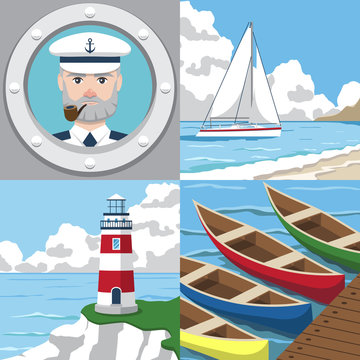 Four square nautical colored icon set with description of lighthouse seaside captain on the wheel and sailing in the ocean vector illustration