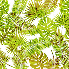 Beautiful seamless vector floral summer pattern background with tropical palm leaves and animal prints.Perfect for wallpapers, web page backgrounds, surface textures, textile.