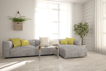 White modern room with sofa. Scandinavian interior design. 3D illustration
