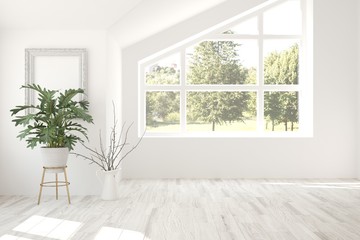 Fototapeta na wymiar White empty room with green landscape in window. Scandinavian interior design. 3D illustration