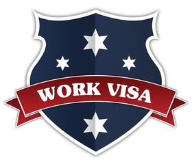 Blue shield and red ribbon with WORK VISA text.