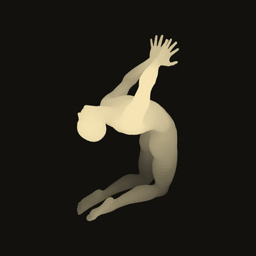The dancer performs a dance on his knees. Silhouette of a Dancer. 3D Model of Man. Human Body. Sport Symbol. Design Element. Vector Illustration.
