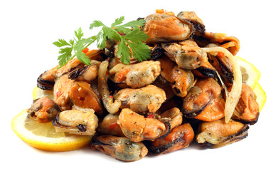 marinated mussels isolated on white background