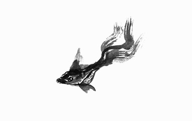 Abstract art painting golden fish life, Chinese Brush style painting golden fish in black and white. isolate fish with white background, include with path file.
