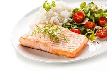 Roast salmon with white rice on white background