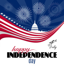 Happy Independence day greeting card or poster template. Patriotic American background with abstract USA flag and White house and Capitol building Washington DC symbol. Vector illustration