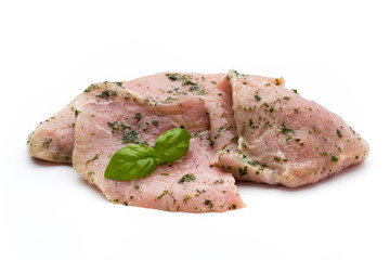 Steak with spices isolated on white background.