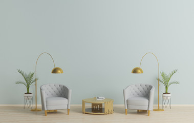 Living room with armchair,light blue wall plant and floor lamp,  Background, 3D rendering.