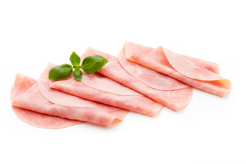 Thin slices of ham on white background.