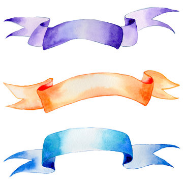 Ribbons set hand drawn stripes in a watercolor style isolated.