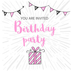 Obraz na płótnie Canvas Happy Birthday greeting card and party invitation templates, black and pink colors. Hand drawn elements for perfect girls design.