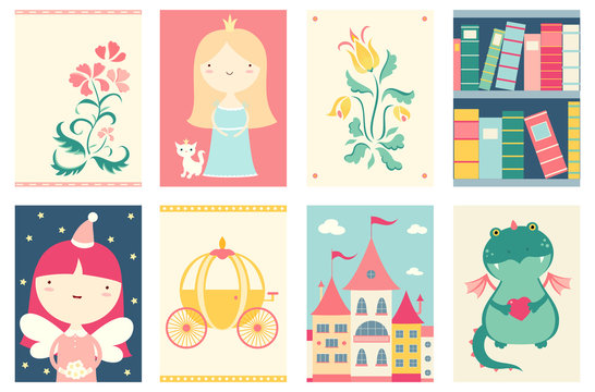 Collection of banners with cute fairy-tale characters