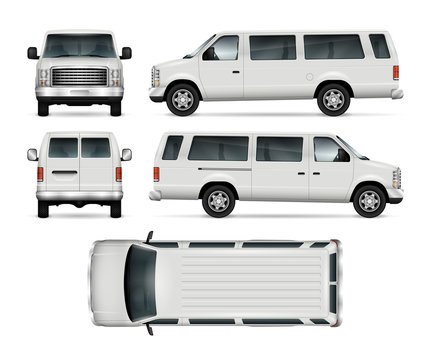 Passenger van vector template for car branding and advertising. Isolated mini bus on white. All layers and groups well organized for easy editing and recolor. View from side, front, back, top.