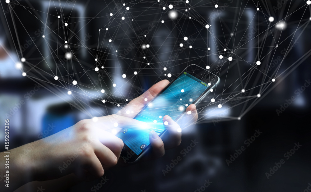 Fototapete Businessman using flying network connection interface 3D rendering