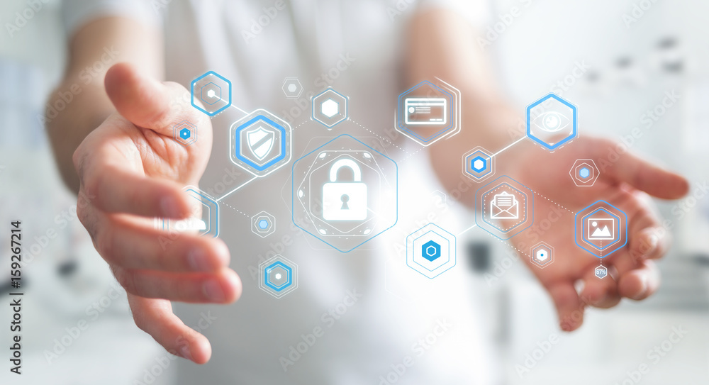Aufkleber businessman using antivirus to block a cyber attack 3d rendering