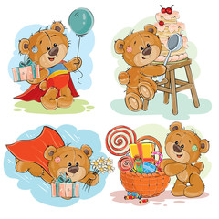 Set of vector clip art illustrations of brown teddy bear wishes you a happy birthday. Print, template, design element for greeting cards