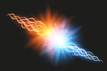 Collision of two forces with gold and blue light. Vector illustration. Hot and cold sparkling power. Energy lightning with electric discharge isolated on transparent background