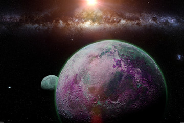 habitable alien planet with moon and the Milky Way galaxy