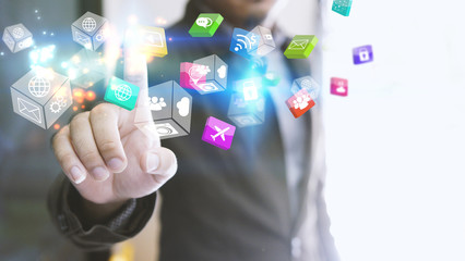 hand touch screen social icons, Social media concept.