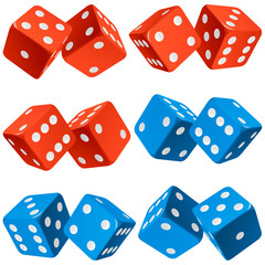 Vector Casino Dice Set of Authentic Icons. Red and Blue Pair of Poker Cubes Isolated on White Background. 3d Board Game Pieces