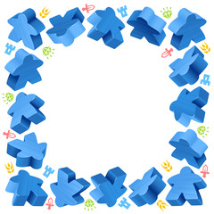 Square frame of blue meeples for board games. Game pieces and resources counter icons isolated on white background. Vector border for design boardgames advertisement or template of geek t-shirt print