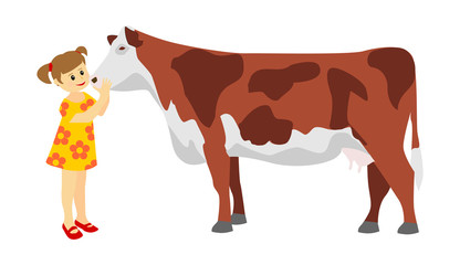 girl hugs and petting a cow