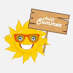 hello summer! sun cartoon character wear sunglasses and bring wood banner