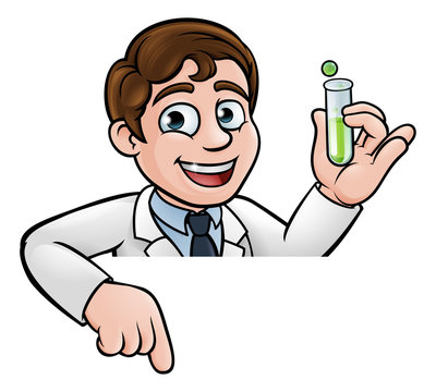 Cartoon Scientist Holding Test Tube Pointing Sign