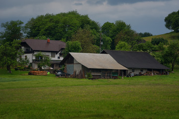 Fototapeta na wymiar Rural alpine landscape with slovenian village in valley near Bled lake at spring sunny day. Slovenia.