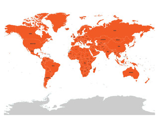 Fototapeta na wymiar Map of United Nation with orange highlighted member states. UN is an intergovernmental organization of international co-operation. EPS10 vector illustration.