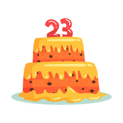 Birthday cake with number 23, celebration party symbol cartoon vector Illustration