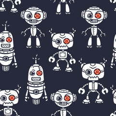 vector angry robot on blue background seamless pattern