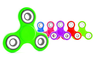 Set of colorful fidget spinners with different colors Very popular toy for distress relief. 3d render illustration.