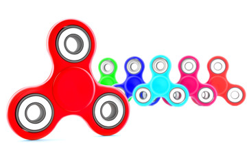 Set of colorful fidget spinners with different colors Very popular toy for distress relief. 3d render illustration.