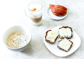 Workspace - white breakfast on table. Background with free tex