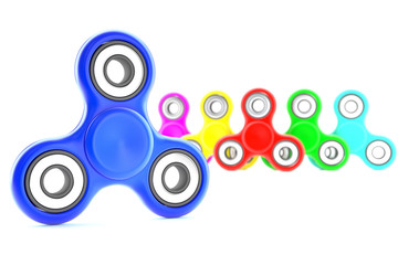 Set of colorful fidget spinners with different colors Very popular toy for distress relief. 3d render illustration.