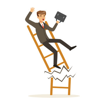Businessman or manager fall down of broken career ladder, unsuccessful character vector Illustration
