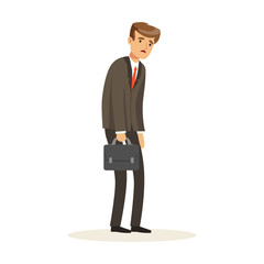 Obraz premium Failed and stressed businessman standing with briefcase, unsuccessful character vector Illustration