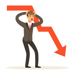 Frustrated businessman character and red graph going down, vector Illustration