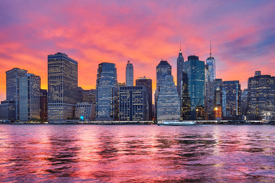 Purple sunset over Manhattan, New York City, USA