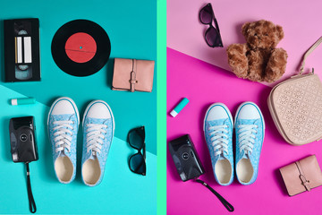 Keds, bag, sunglasses, purse, teddy bear, lipstick, vinyl records, audio cassettes, video...