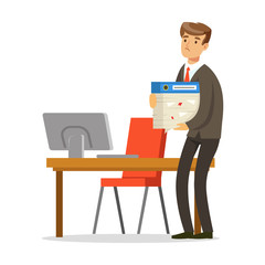 Successful businessman standing in his office and holding a stack of papers vector Illustration