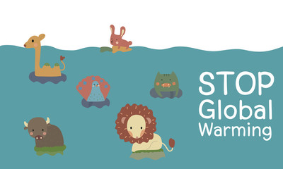Animals in flood cartoon for global warming