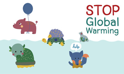 Animals in flood cartoon vector for Global warming
